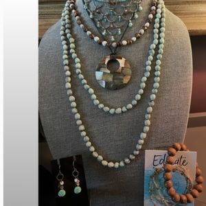 VINTAGE 7-PIECE SET: Abolone/Wood/Stone/Organic Beads w/SILPADA Howlite Earrings